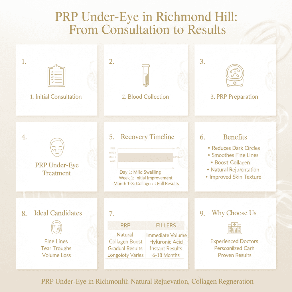 Infographic Prompt #2: PRP Under-Eye Treatment Journey (2026)

Title:
PRP Under-Eye in Richmond Hill: From Consultation to Results

Size: 1080 × 1920 (Vertical)

Style:
Luxury medical aesthetic infographic, elegant white, champagne gold, and soft beige color palette, premium cosmetic clinic branding, modern flat illustrations with realistic facial graphics, clean typography, subtle collagen and platelet icons, professional healthcare design, high-end beauty magazine aesthetic.

Sections:

1. Initial Consultation
Comprehensive skin assessment
Medical history review
Digital facial analysis
Personalized treatment plan

Icon: Consultation clipboard

2. Blood Collection
Small blood sample
Sterile medical procedure
Takes approximately 5 minutes

Icon: Blood collection tube

3. PRP Preparation
Advanced centrifuge technology
Platelet concentration
Growth factor separation
Medical-grade PRP system

Icon: Laboratory centrifuge

4. PRP Under-Eye Treatment
Precise injections or microneedling
Minimal discomfort
20–30 minute procedure
Natural collagen stimulation

Icon: Facial treatment illustration

5. Recovery Timeline

Day 1–2

Mild swelling
Slight redness

Day 3–7

Skin begins healing
Improved hydration

Week 4–8

New collagen production
Brighter under-eye appearance

3–6 Months

Continued skin rejuvenation
Firmer, smoother skin

Icon: Calendar timeline

6. Benefits

✔ Reduces dark circles

✔ Improves fine lines

✔ Stimulates collagen

✔ Enhances skin texture

✔ Natural rejuvenation

✔ Minimal downtime

Icon: Sparkling healthy eye

7. PRP vs Fillers
PRP Under-Eye	Tear-Trough Fillers
Natural collagen stimulation	Instant volume replacement
Improves skin quality	Corrects hollow appearance
Uses your own plasma	Hyaluronic acid gel
Gradual improvements	Immediate results
Very low allergy risk	Small risk of swelling/migration
8. Ideal Candidates
Dark circles
Fine lines
Crepey under-eye skin
Mild volume loss
Natural anti-aging goals

Icon: Female face profile

9. Why Choose PRP Under-Eye in Richmond Hill?
Advanced PRP systems
Experienced aesthetic providers
Personalized treatment plans
Luxury patient experience
Evidence-based regenerative medicine

Icon: Luxury medical clinic

Footer Call-to-Action

PRP Under-Eye in Richmond Hill
Natural Rejuvenation • Collagen Regeneration • Beautiful, Youthful Eyes

Design Notes: Use elegant gold accents, premium medical illustrations, collagen fiber graphics, platelet icons, subtle facial anatomy visuals, and a clean luxury aesthetic suitable for a high-end cosmetic clinic.