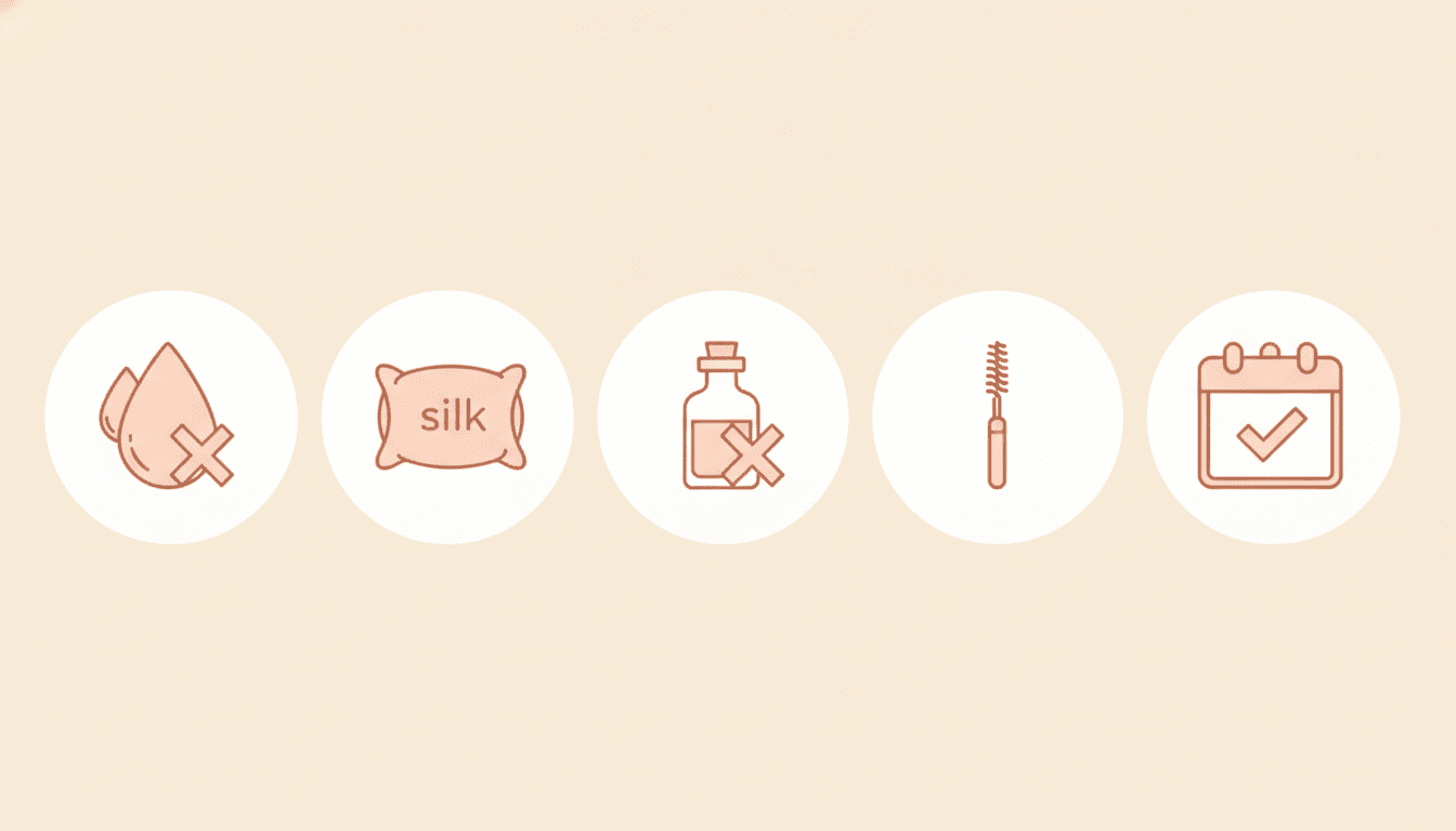 Eyelash extension aftercare tips — avoid water, sleep on silk pillow, avoid oil-based products, brush daily, book fills on schedule